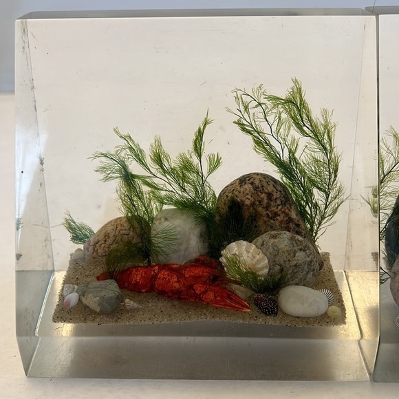 1960s Lucite Book Ends Clear Float TM Ocean Scene Lobsters - Picture 2 of 14